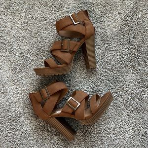 Brown wrapped gladiator shoes with chunky heels